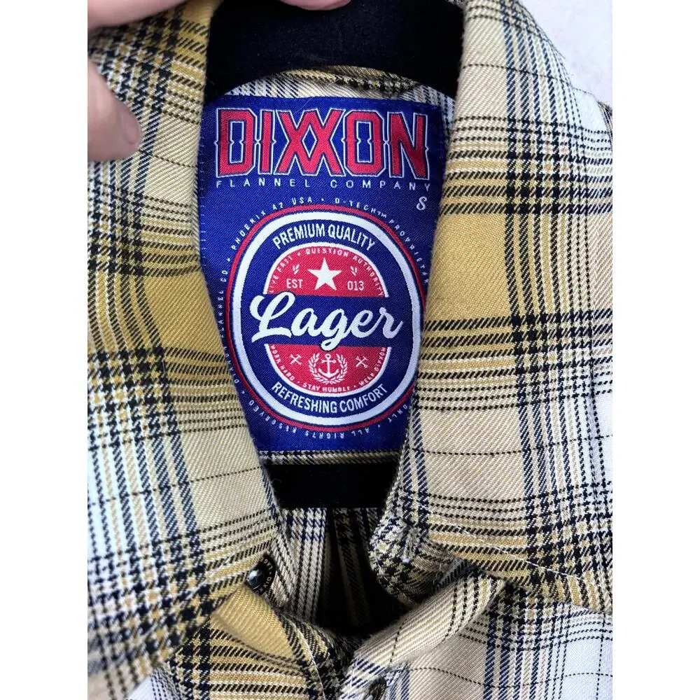 NWOT Dixxon Flannel Lager Men’s Small Tan White Black Plaid Button Up Shirt